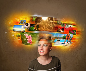 girl with colorful glowing photo memories concept