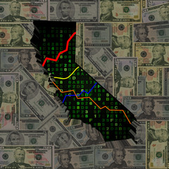 California map with hex code and graphs on dollars illustration