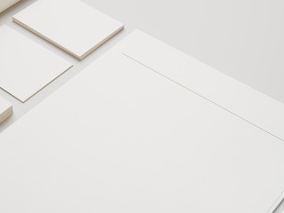 White envelope and cards on white paper background