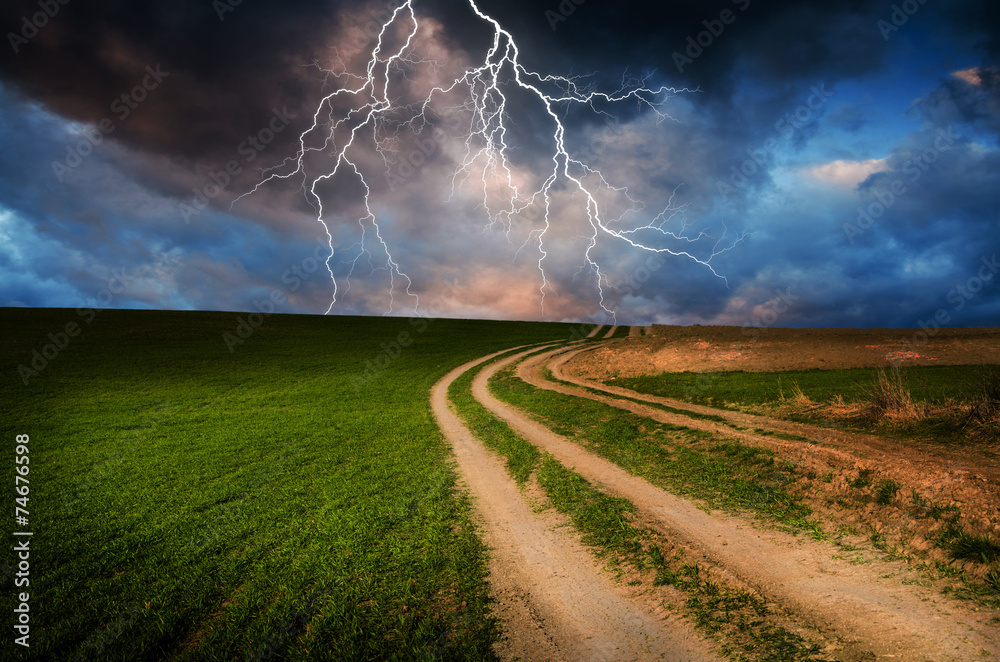 Canvas Prints thunderstorm with lightning in green meadow.