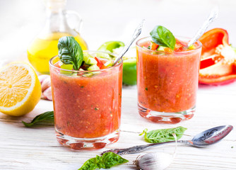 Tomato gazpacho soup with pepper and garlic, Spanish cuisine