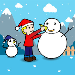 Children building snowman. Winter holidays.