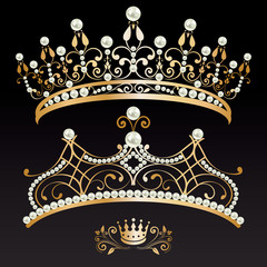 Set of two luxury golden tiaras and crown with pearls