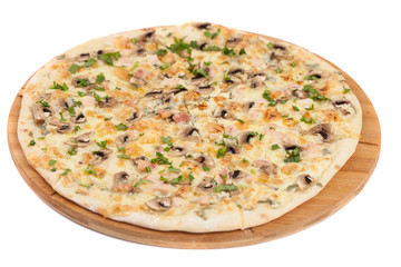 Home made pizza with mishrooms on white