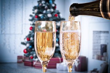 Two Champagne Glasses On Defocused Background Living Room