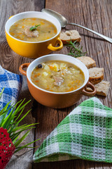 Soup with buckwheat, vegetables and chicken stomachs. Selective 