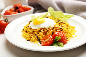 Tasty rice served on table, close-up