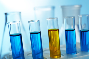 Several test-tubes filled with colored fluid with flasks