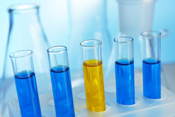 Several test-tubes filled with colored fluid with flasks