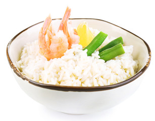Boiled rice with shrimps and vegetables isolated on white