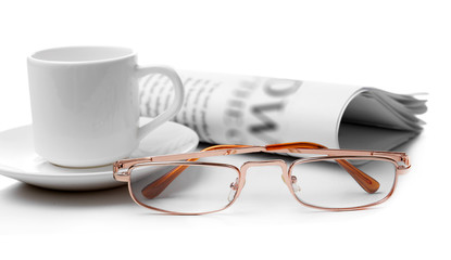Glasses and newspapers, isolated on white