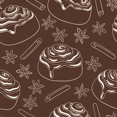 Seamless pattern with cinnamon rolls with frosting and spice