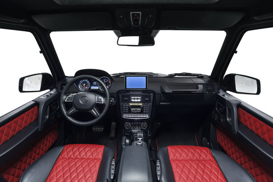 Interior of car. Black cockpit with red seats