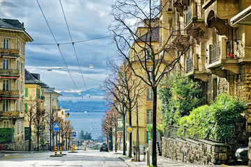 Street view to Geneva Lake in Lausanne, Switzerland
