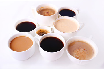 Lots of coffee cups on white background