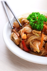 Chinese noodles with vegetables and seafood