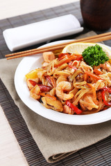 Chinese noodles with vegetables and seafood
