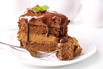 Delicious chocolate cake on plate on table on light background