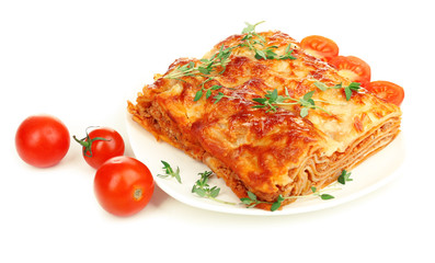 Portion of tasty lasagna, isolated on white