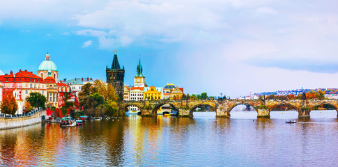Fototapeta na wymiar The Old Town panorama with Charles bridge in Prague