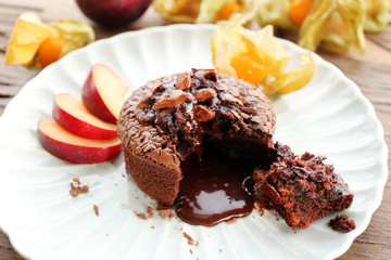 Hot chocolate pudding with fondant centre, close-up