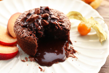 Hot chocolate pudding with fondant centre, close-up