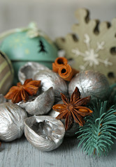 Beautiful Christmas composition with silver walnuts,