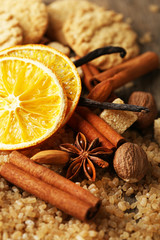 Christmas spices, nuts and baking ingredients, close-up