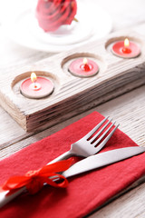 Obraz na płótnie Canvas Festive table setting for Valentines Day on table background