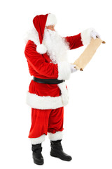 Santa Claus holding list of wishes isolated on white background