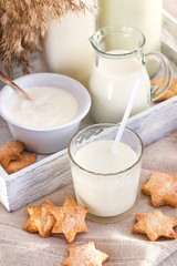 Glass of milk with cookies