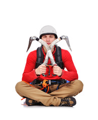 hiker sitting with ice axe
