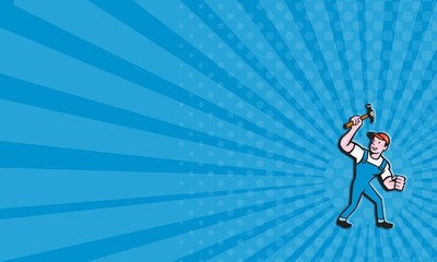 Business card Builder Carpenter Holding Hammer Cartoon