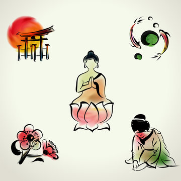 Japanese cultural icon with watercolor style
