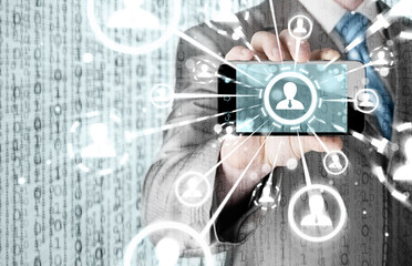 Fototapeta premium Business Hand holding a phone show the social network