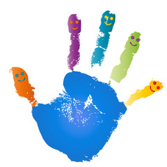 Conceptual children painted hand print and smile face isolated