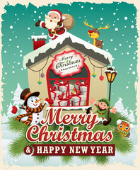 Vintage Christmas poster design with Santa Claus, Snowman