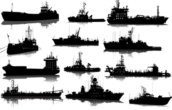 Vector set of 12 silhouettes of sea towboat and the ships