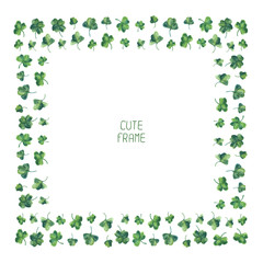 Frame of watercolor green clover leaves for Saint Patrick day.