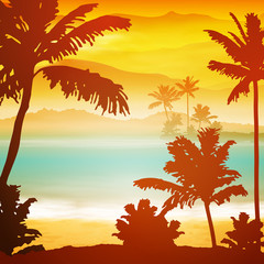 Sea sunset with island and palm trees