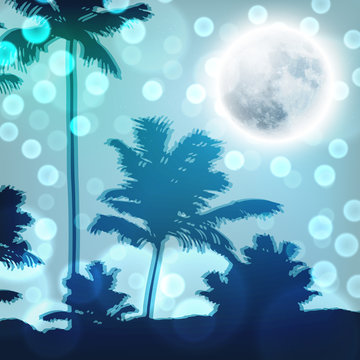 Landscape with palm trees and full moon at night