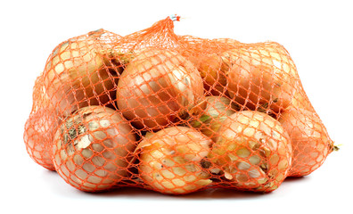 Fresh onions in package, isolated on white background