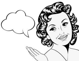 cute retro woman in comics style with message