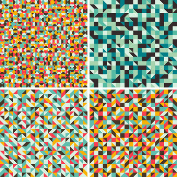 Set of seamless patterns with semicircles and triangles.