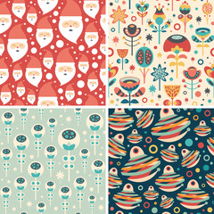 Set of seamless patterns with Santa and Christmas flowers.