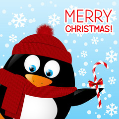 Funny cartoon penguin on winter background