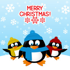 Funny cartoon penguins on winter background