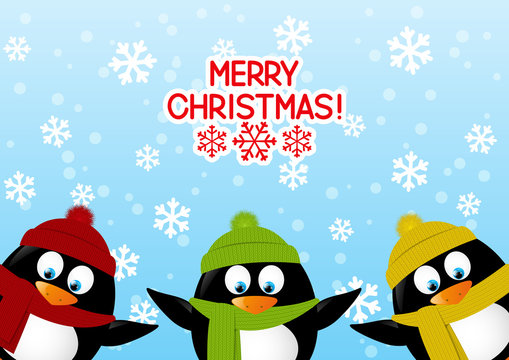Funny cartoon penguins on winter background