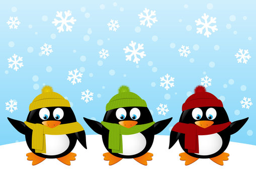 Funny cartoon penguins on winter background