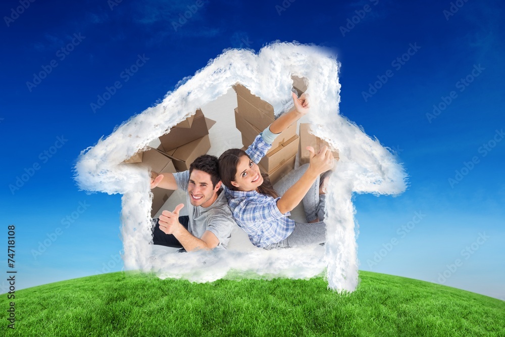Poster composite image of overview of a happy couple giving thumbs up